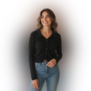 SHEIN Elegant Black Ruched Button Down Shirt